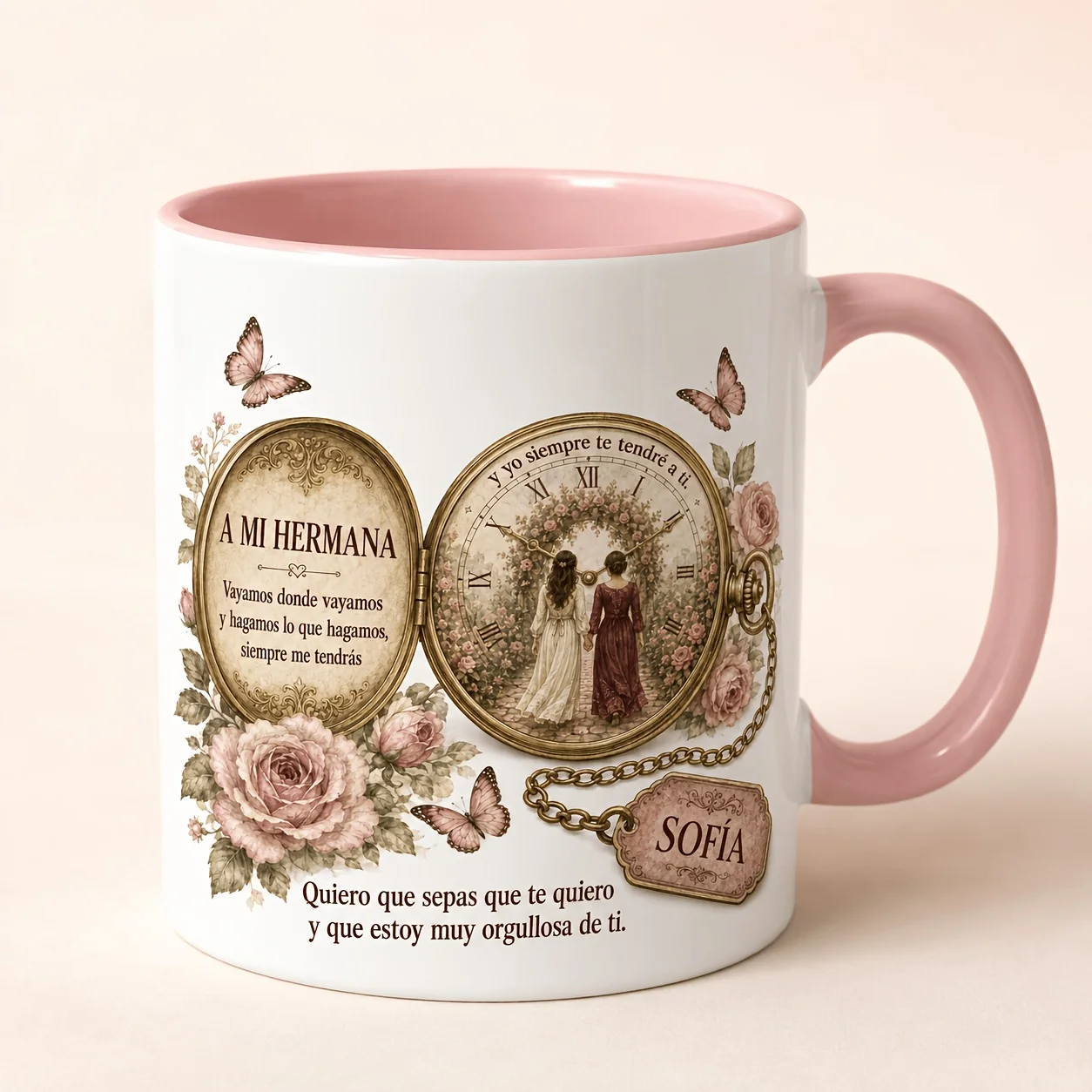 Personalized 11oz Sister Mug 2D Vintage Floral Watch Print Custom Name Ceramic Coffee Cup Gift 5 Colors