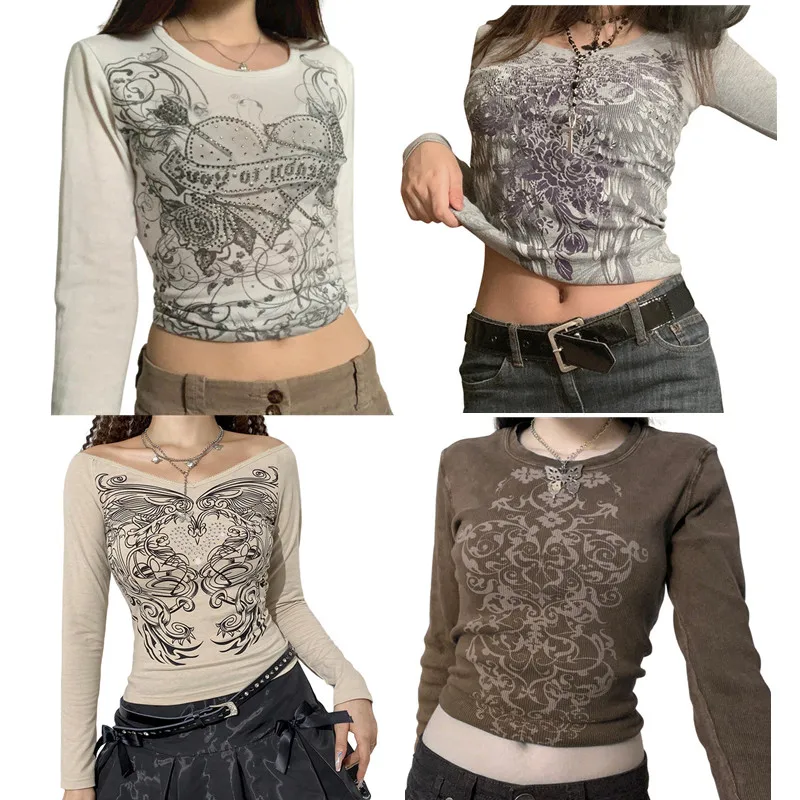Women Vintage T-shirts y2k Clothes 2024 Harajuku Crop Top T-shirt Graphic Gothic Grunge Long Sleeve