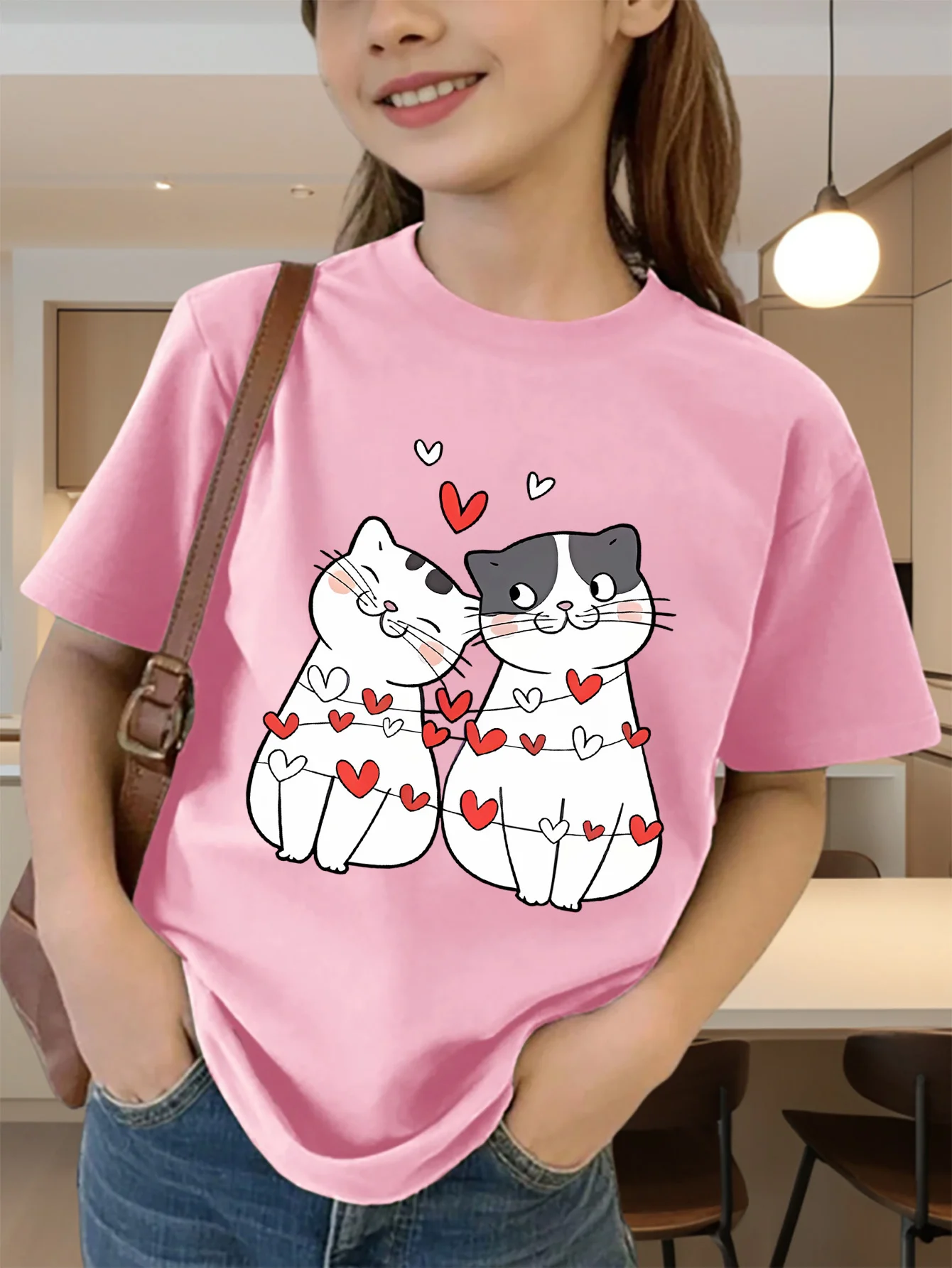 Cute Two Cats With Red Hearts Print Graphic Kids Tee Boys Girls Family Matching Cotton Crew Neck Short Sleeve Soft Summer Tee