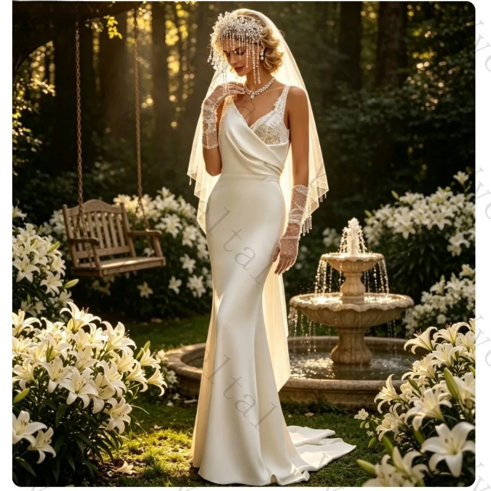 Customized Graceful Temperament Mermaid Sleeveless Wedding Dresses V-Neck Spaghetti Straps  Backless Lace-up Bridal Gown