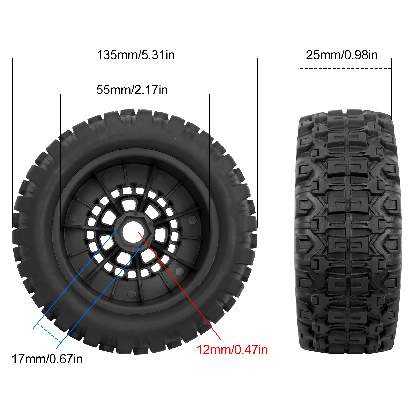 OGRC MX2.5 RC ホイールタイヤ 17mm 六角ハブホイールタイヤ 135mm*25mm TRAXXAS UDR ARRMA 1/7 1/8 Mojave アップグレードパーツ用