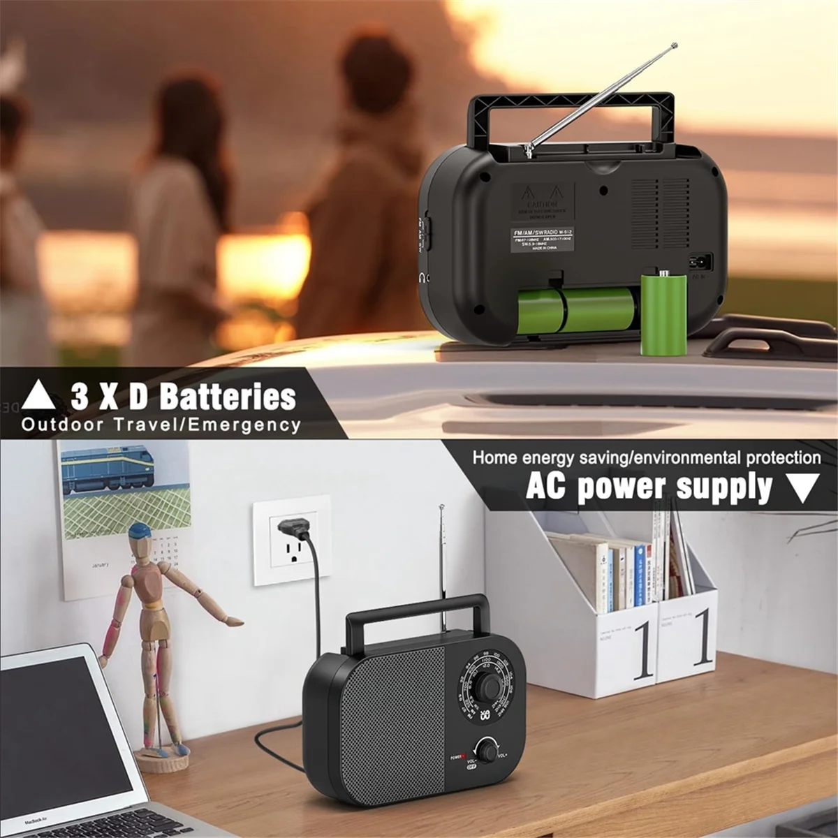 ABGN Portable Radio AM FM SW Transistor Radio Battery DC or AC Power, 5W Big Speaker, Large Tuning Knob Outdoor Pocket Radio