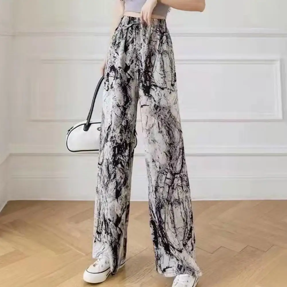 Women Summer Casual Pants Elastic Waist Adjustable Tie Straight Wide Leg Long Trousers Camouflage Striped Print Lounge Pants