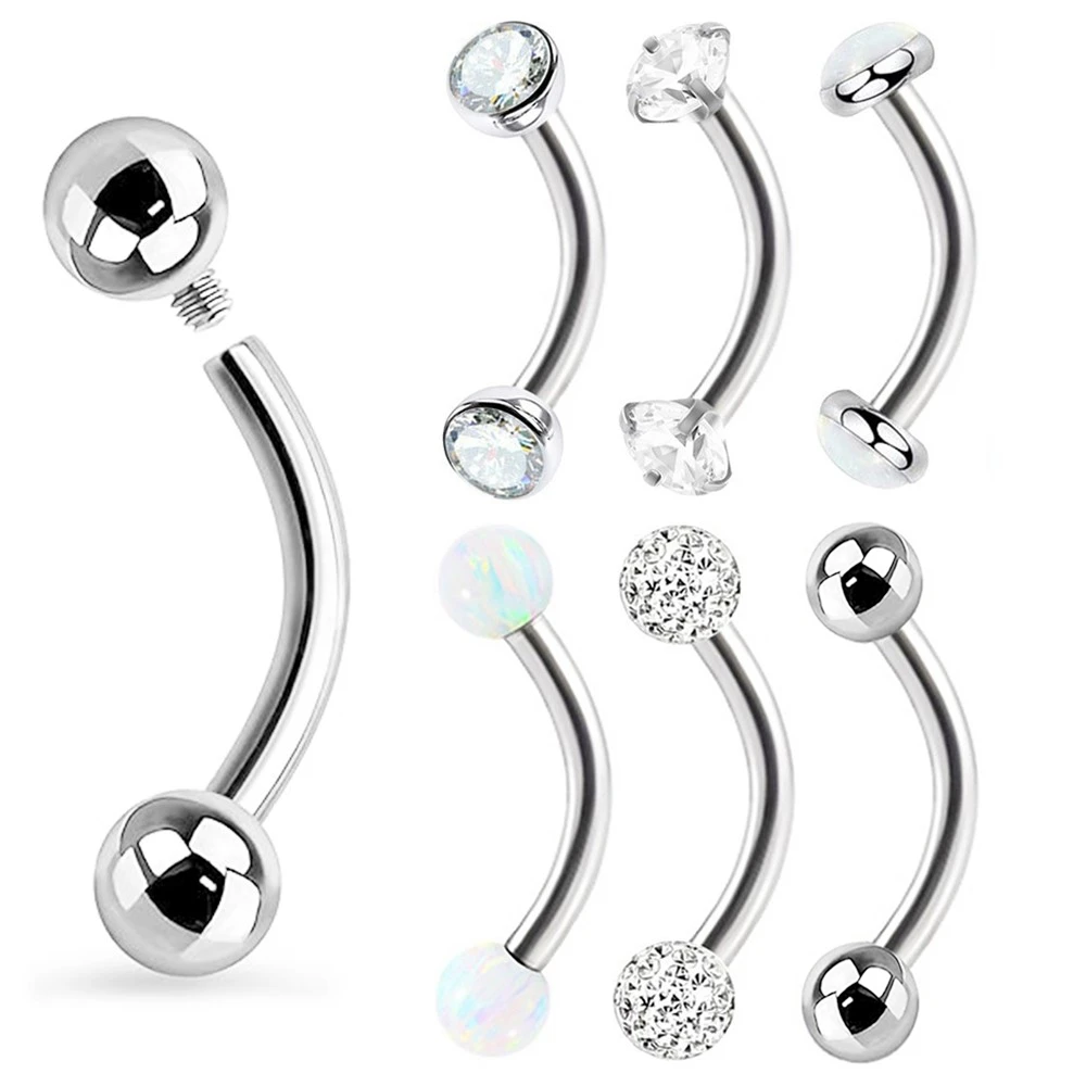6pc Opal Gem Zircon Steel Eyebrow Ring Curved Barbell Internally Threaded 6mm - 14mm Bar Piercing Set 16g 1.2mm
