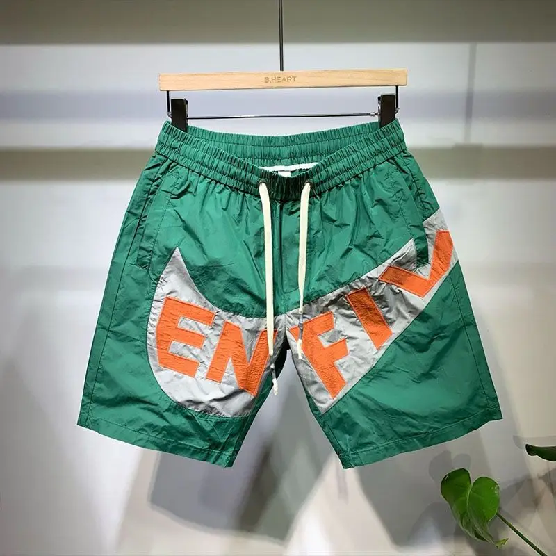 Summer Men\'s Clothing Elastic High Waisted Letter Pockets Drawstring Contrast Color Printing Casual Loose Fashionable Shorts