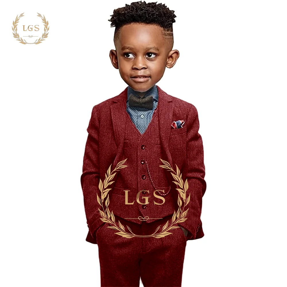 Boy's 3-piece suit with herringbone pattern (jacket + vest + trousers) customized suit for children aged 2-16