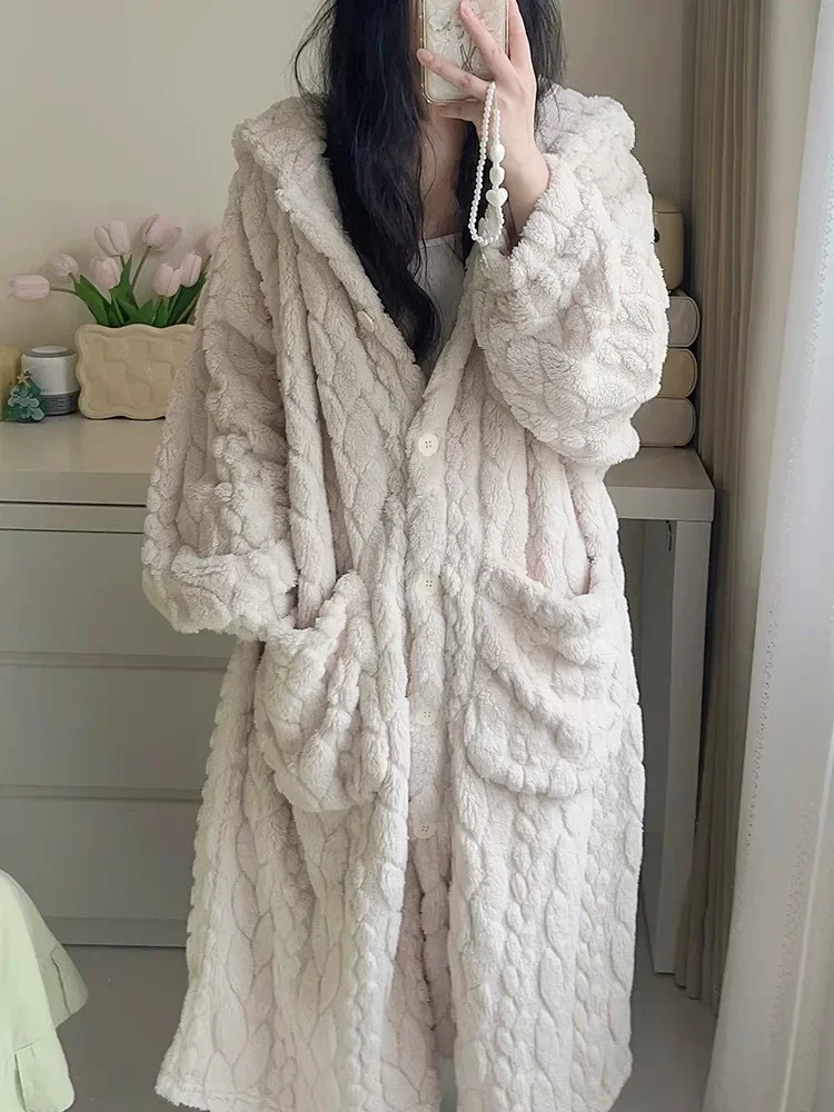 

Hoodedwomen's Winter Bathrobe Pockets Long Sleeve Warm Laides Dressing Gown Fleece Thicken Single Breasted Homewear for Female