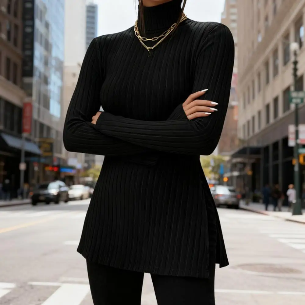 

Women Tops Slim Fit Solid Color Blouse Elegant Women's High Collar Knit Sweater Tops with Side Split Design Slim Fit Ribbed Tops