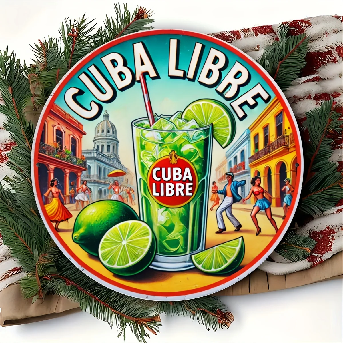 Vintage Round Tin Sign - "Cuba Libre" Retro Cuban Cocktail Havana Street Wall Decor for Bar Man Cave Rum Lover Gift