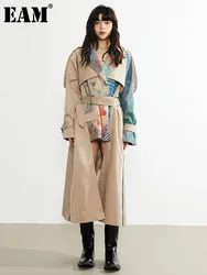 [EAM] Women Khaki Printed Back Long Big Size Trench New Lapel Long Sleeve Windbreaker Fashion Tide Spring Autumn 2024 1DH7217