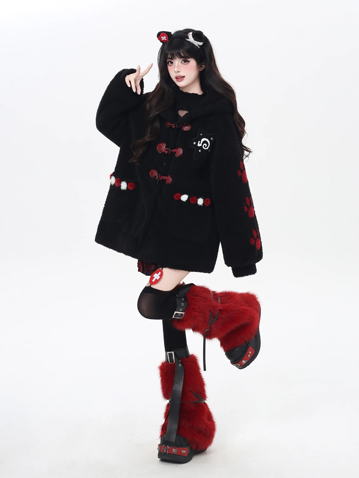 Winterkleding Losse middellange schattige kattenpootborduurwerk Warm roze lamswollen katoenen jas met capuchon voor dames