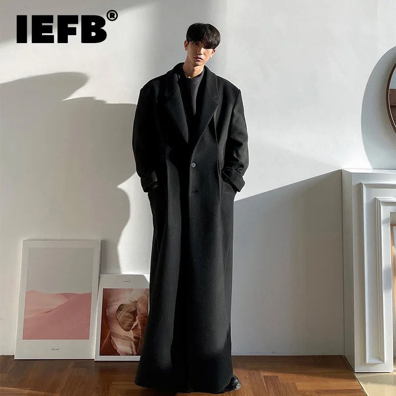 IEFB Men\'s Long Woolen Coat Autumn Winter Thickened Korean Fashion Trend Loose 2023 Solid Color Long Sleeve Male Tops 24X1672