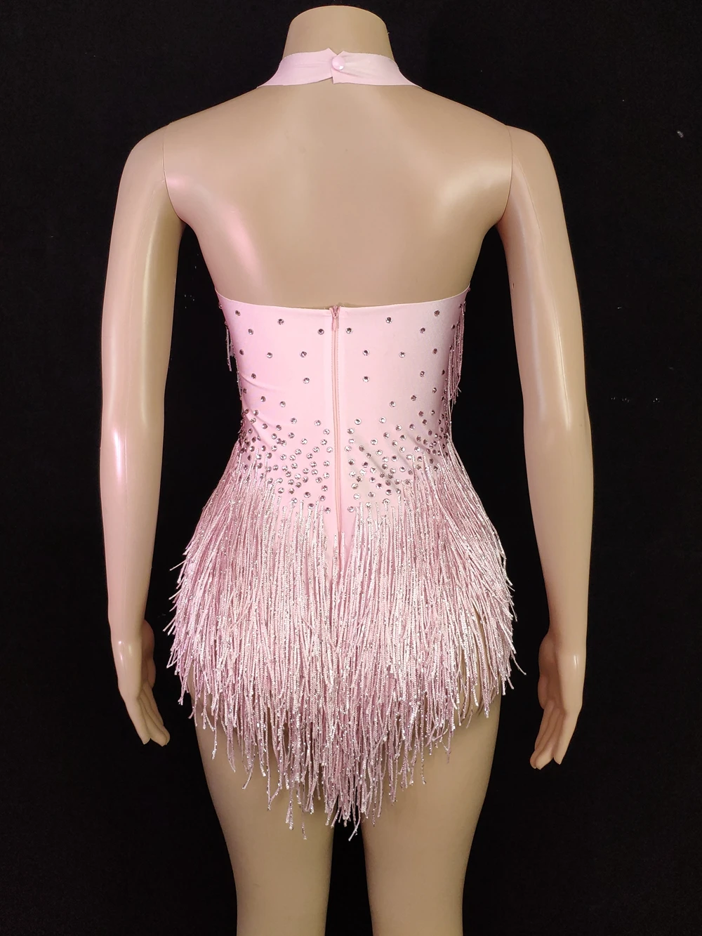 Sparkly Strass Fransen Rosa Body Frauen Nachtclub Dance Outfit Glisten Quaste einteiliges Bühne Tragen Sänger Sexy Trikot