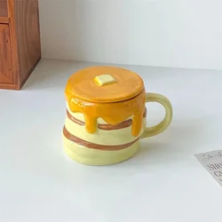 Honey Pancake Ceramic Cup with Lid - Korean Cartoon 3D Coffee Cup, Playful Mug That Can Be Placed in The Oven, Quirky Water Cup