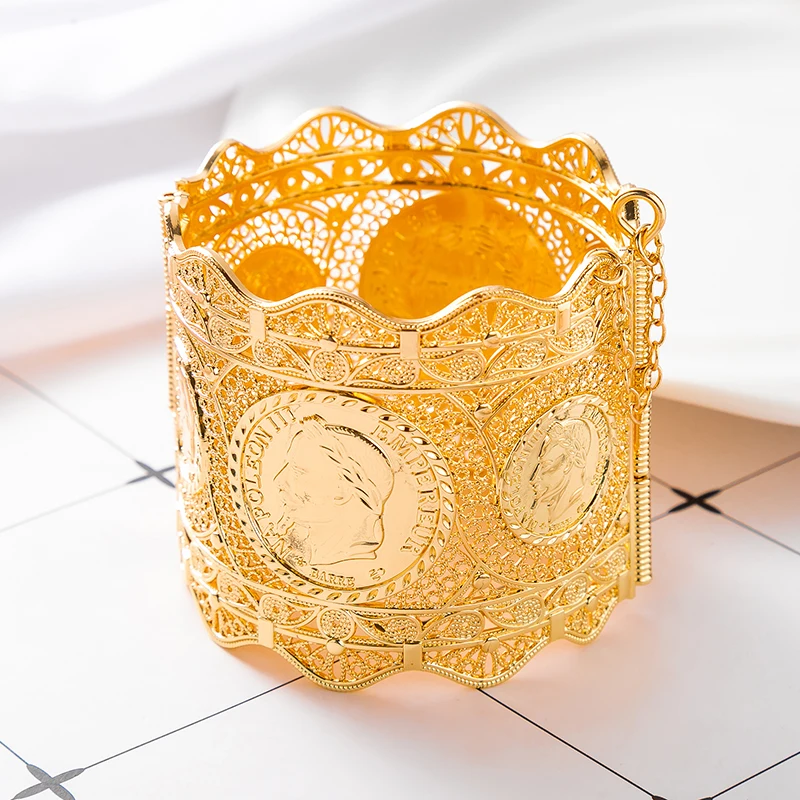 

Golden Coin Embossed Cuff Bracelet Calloped Edge Design Perfect For Arabic Wedding Bridal Formal Occasion Accessory