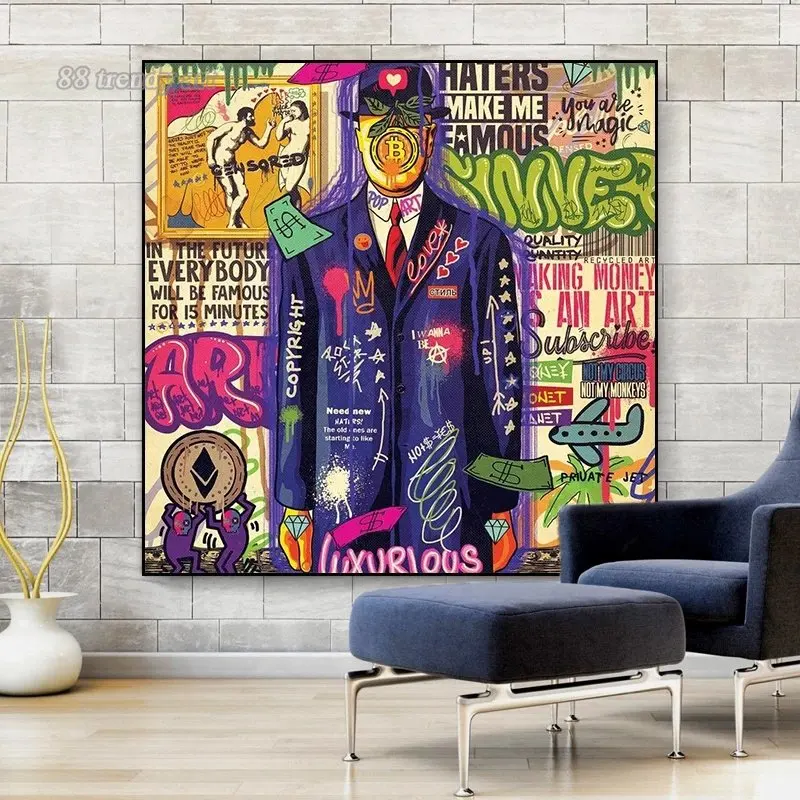 

Gentleman Man Bitcoin Luxurious Art Canvas Painting Street Pop Graffiti Art Character Posters Retro Wall Art Picture Home Decor