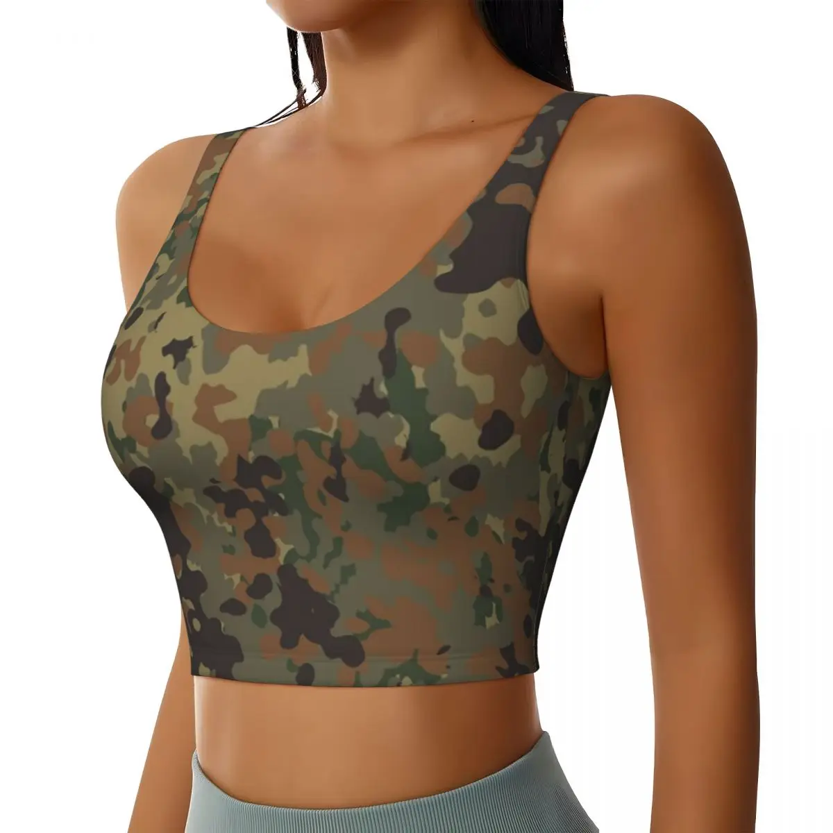 Custom Germany Army Camouflage High Impact Sports Bras Women Seamless Workout Yoga Crop Tank Tops