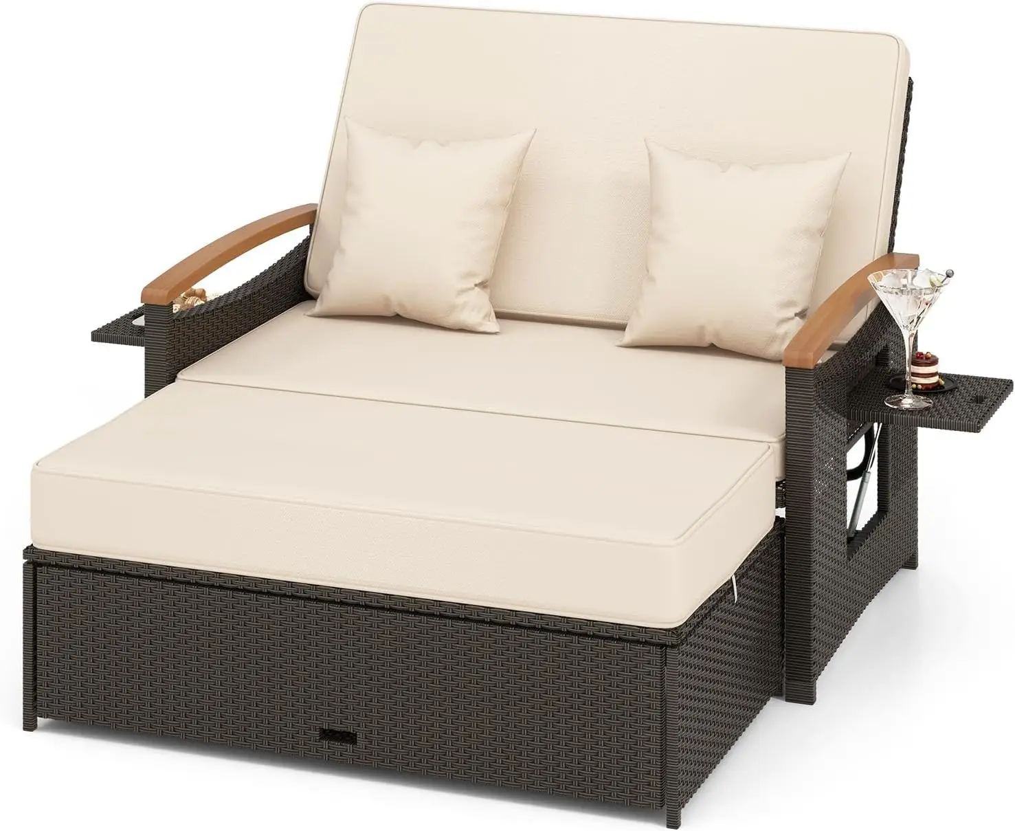 

Moccha Outdoor Wicker Daybed, Patio Rattan Loveseat Sofa w/ 4-Level Adjustable Backrest, Folding Panels, Storage Ottoman