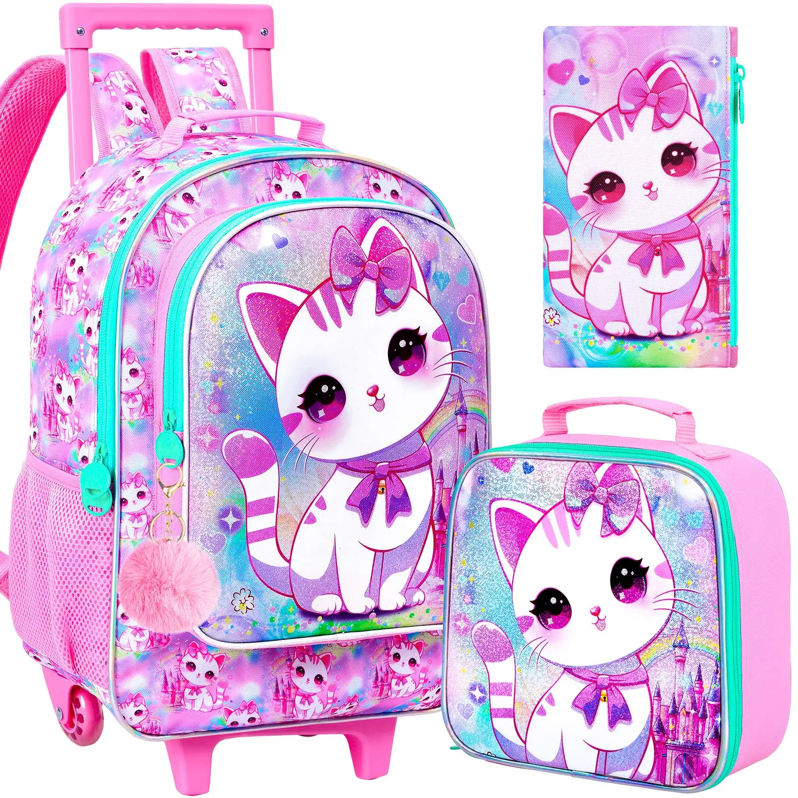 

3PCS Rolling Backpack for Girls,Kids Cat Backpacks with Roller Wheels, Wheeled Bookbag with Lunch Box for Toddler Elementary Sch