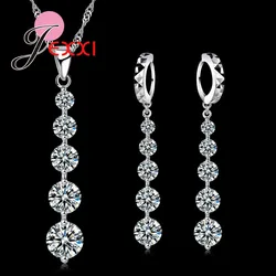 New Fashion 925 Sterling Silver Luxury CZ Crystal Long Tassel Drop Necklace Earrings Set Elegant Women Wedding Jewelry Sets