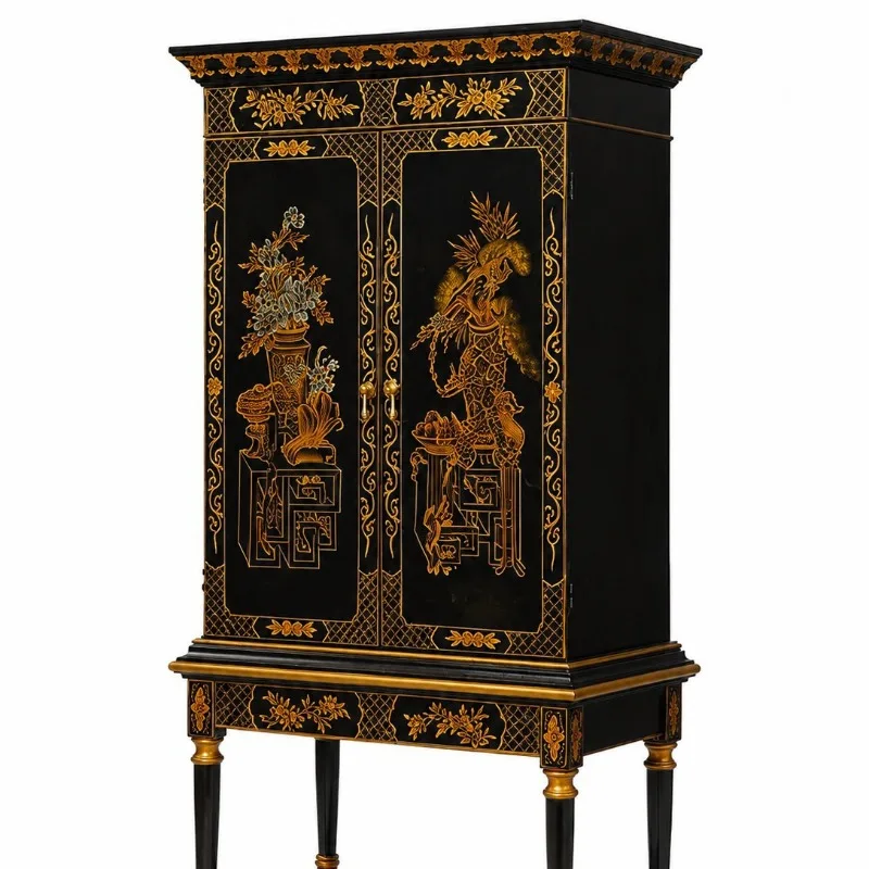 Chinese style retro style wood carving opposite door locker black gold color scheme figure pattern