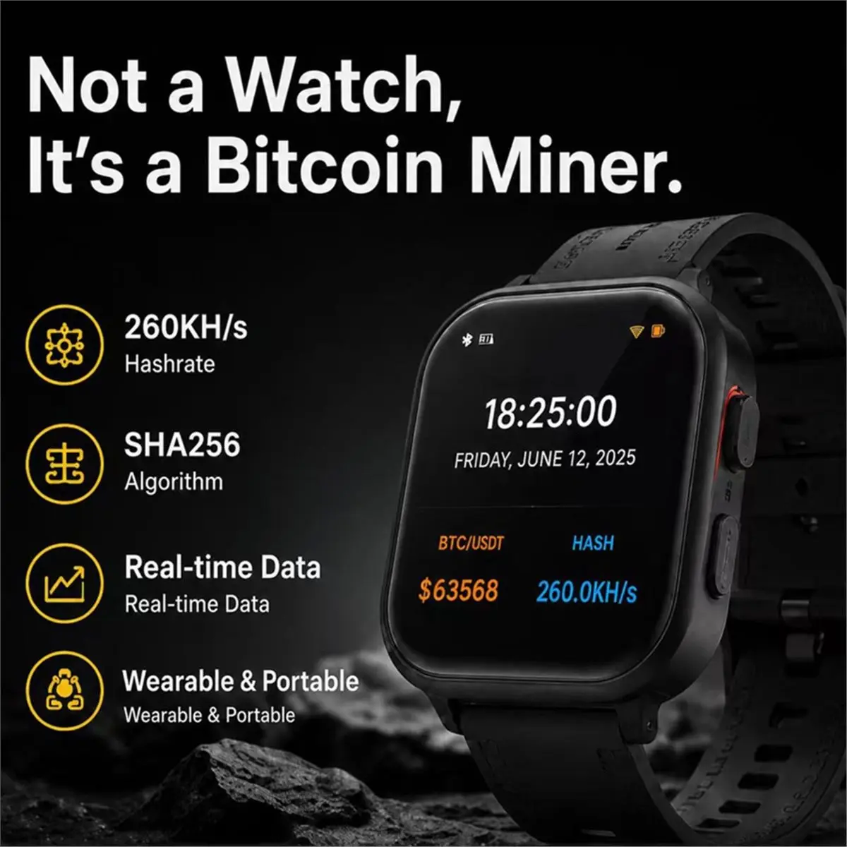 2026 NEW  Smart Watch 260KH/S MinerWatch SHA256 Crypto Mining Device with Real-Time BTC Price Hashrate Display