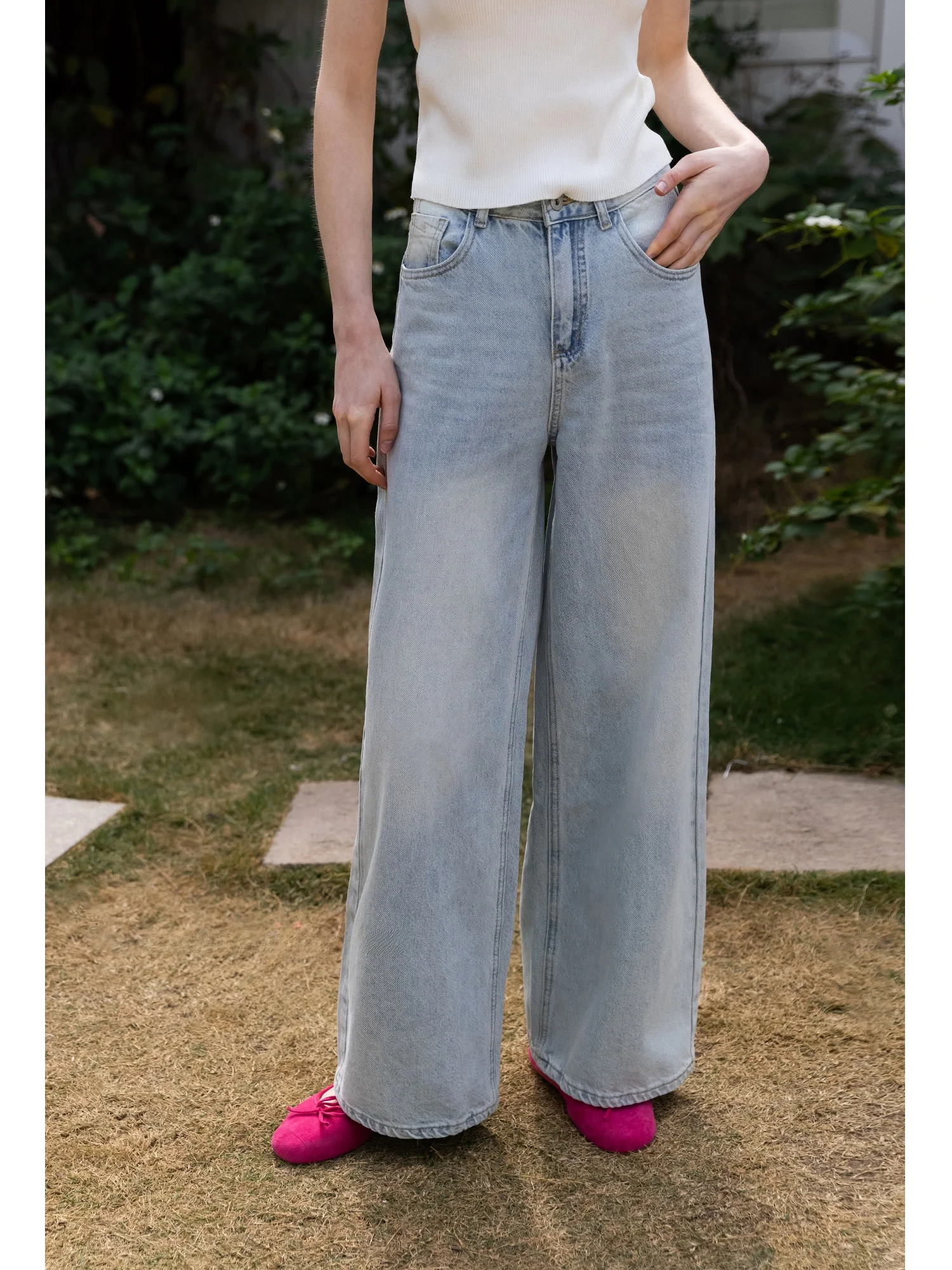 

Eggka Light Blue High Waist Washed Wide Leg Jeans Women's Spring Summer Vintage Straight Casual Long Trousers