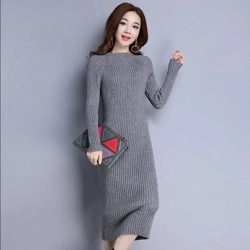 Schlanke langärmlige gestrickte einteilige Kleid sexy Frauen Herbst Winter koreanische Pullover Kleider Midi Bottom ing Bodycon Vestidos neu