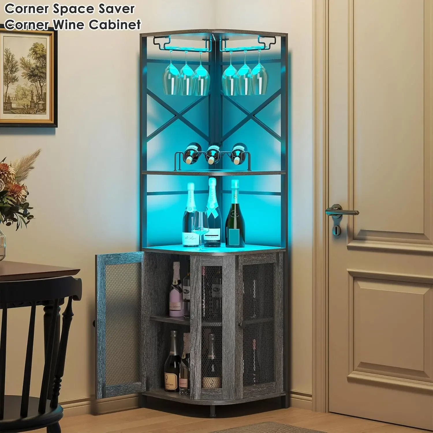 Corner Bar Cabinet With Power Outlet, 5-Tier Industrial Wine Cabinet With Led Strip And Glass Holder, Led Liquor Cabinet Bar