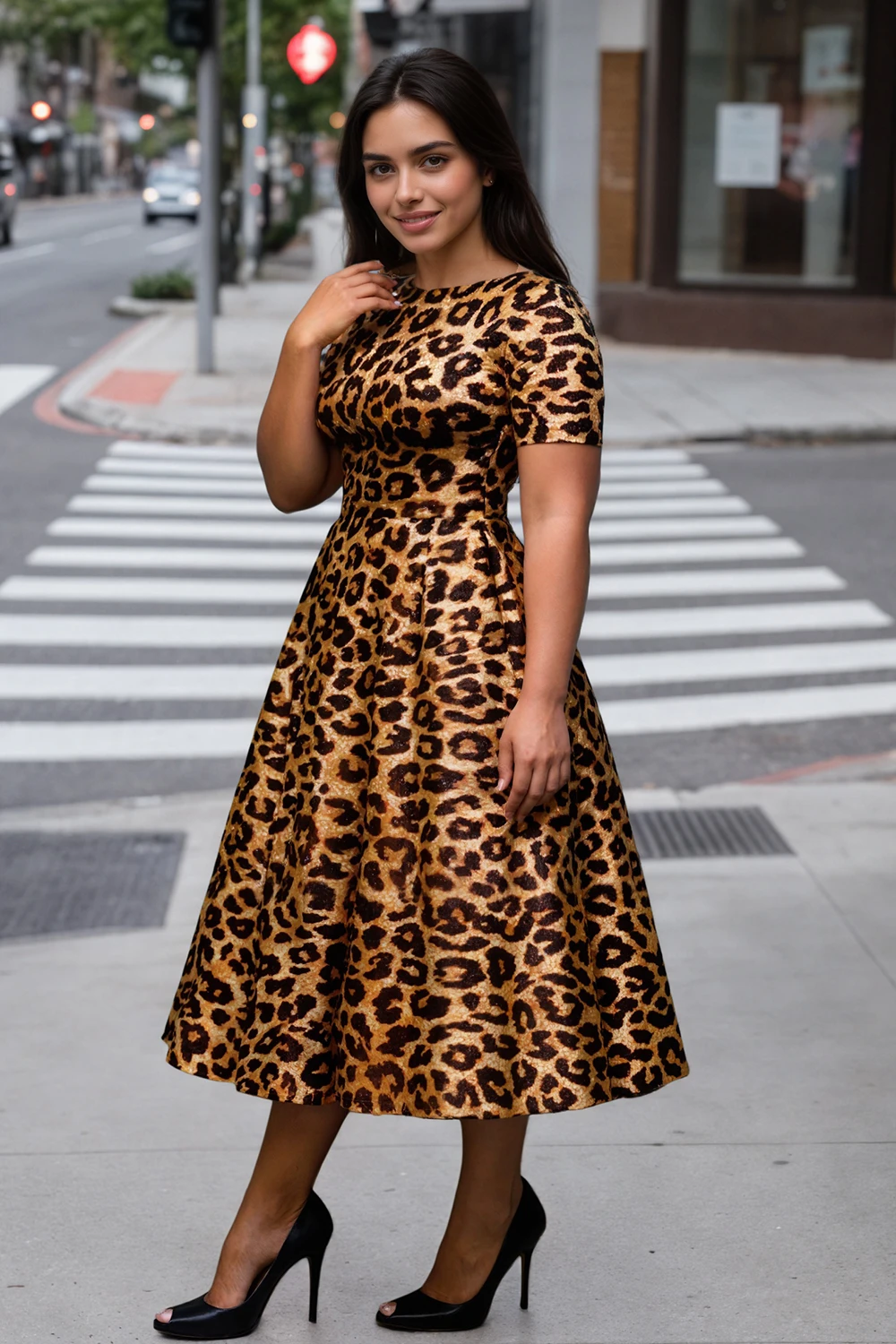 Mode Leopard Gedruckt Plus Größe Kleider Kurzarm Rundhals Vintage Afrikanische Casual Plissee A-Linie Sommer Streetwear Kleider