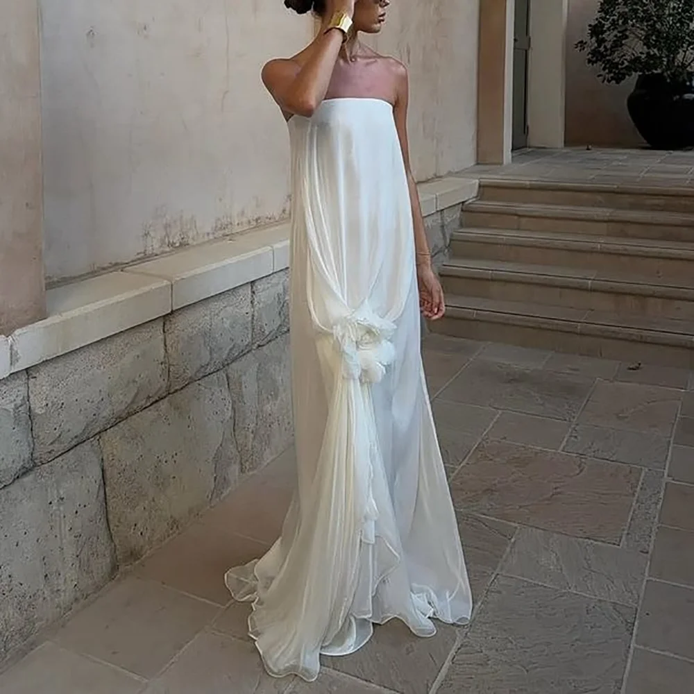 

White Prom Dresses Elegant Strapless Sleeveless Formal Long Dress Floor Length A-LINE Pleat Flowers Fashion Chic Evening Gown