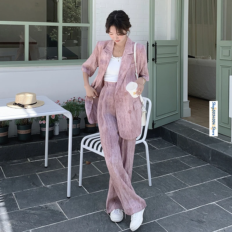 Elegant Chic Suits Two Piece Sets Womens Outfis 2024 Summer Short Sleeve Double Breasted Loose Blazer Jacket Wide Leg Pants 0D91