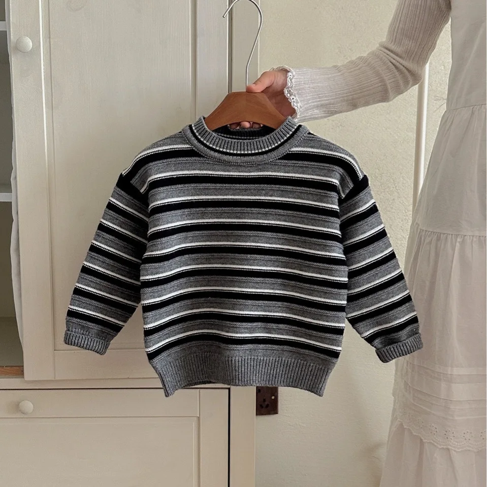 

​​2025 Fall Winter Baby Boys Girls Sweater Children's Striped Knit Pullover Top Soft Cotton Comfortable