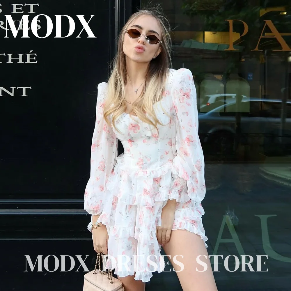 MODX-vestidos de fiesta florales frescos, sexys, con cuello cuadrado, manga larga, volantes escalonados, minivestidos para eventos de fiesta, noche Formal personalizada