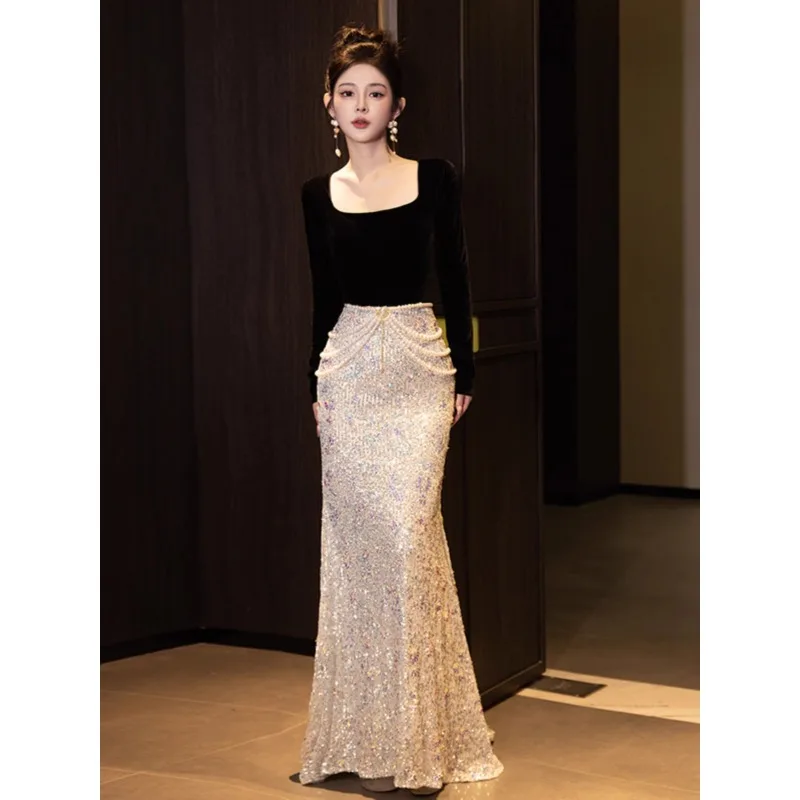 فساتين حفلات فاخرة مطرزة بالترتر فساتين سهرة أنيقة بحورية البحر باللون الأسود فساتين نسائية طويلة للمناسبات الرسمية