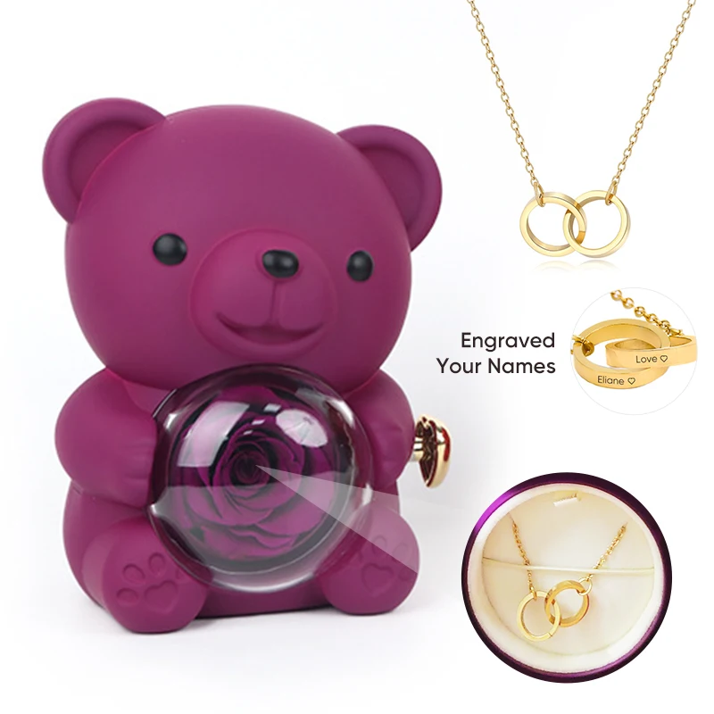 

2024 Hot Mothers Day Purple Rose Bear Jewelry Gifts Box with Round OO Engraved Name Necklace Preserved Flower Mom Gift for Women