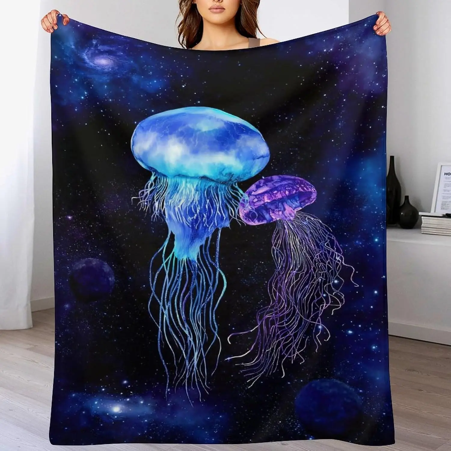 Deep Galaxy Base Neon Blue Purple Jellyfish Star Planet Full Print Fluffy Throw Blanket, Warm Soft Couch Ocean Space Home Gift