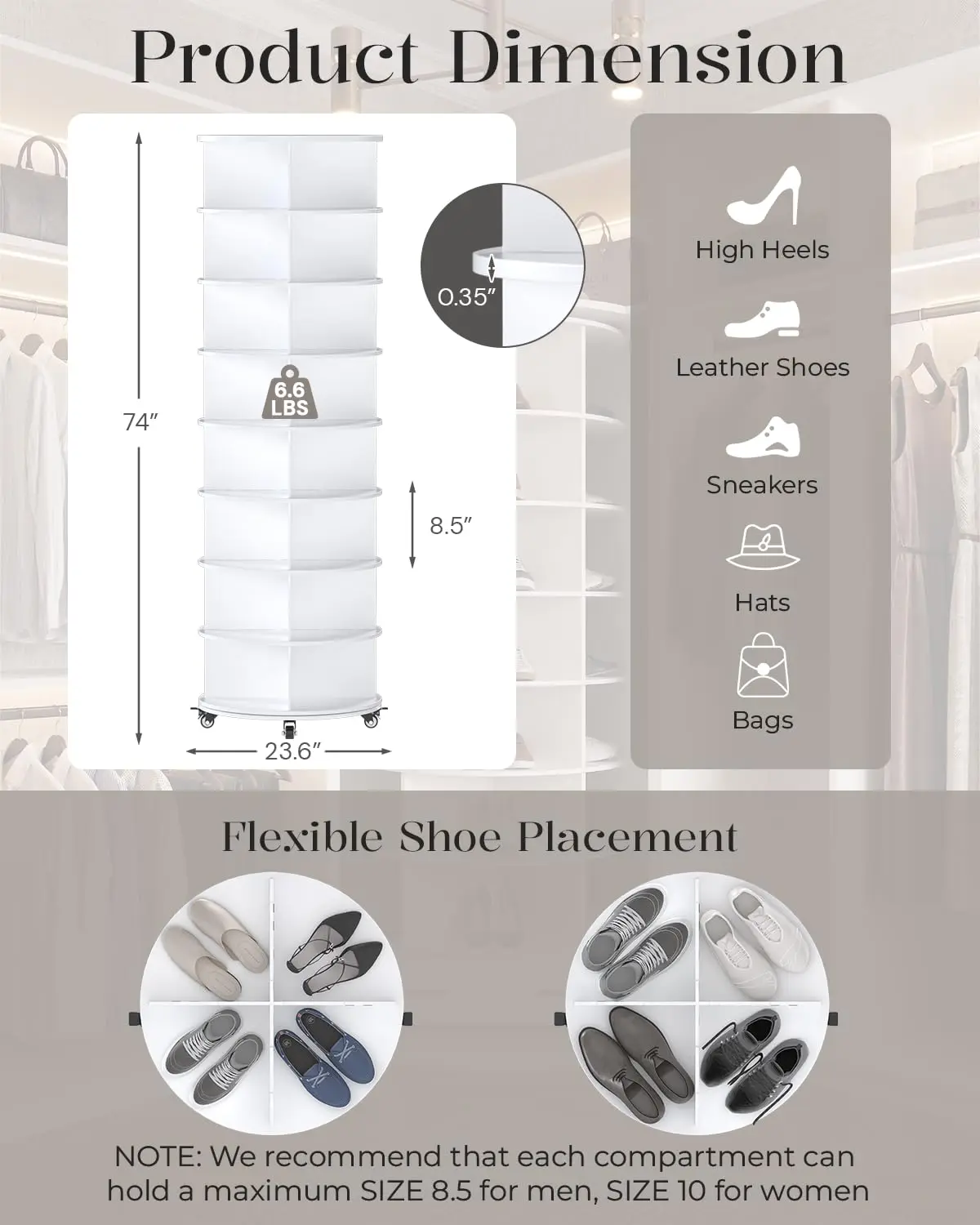 8 Tier Rotating Shoe Rack Tower Organizer Spinning Lazy Susan Rack, Customized