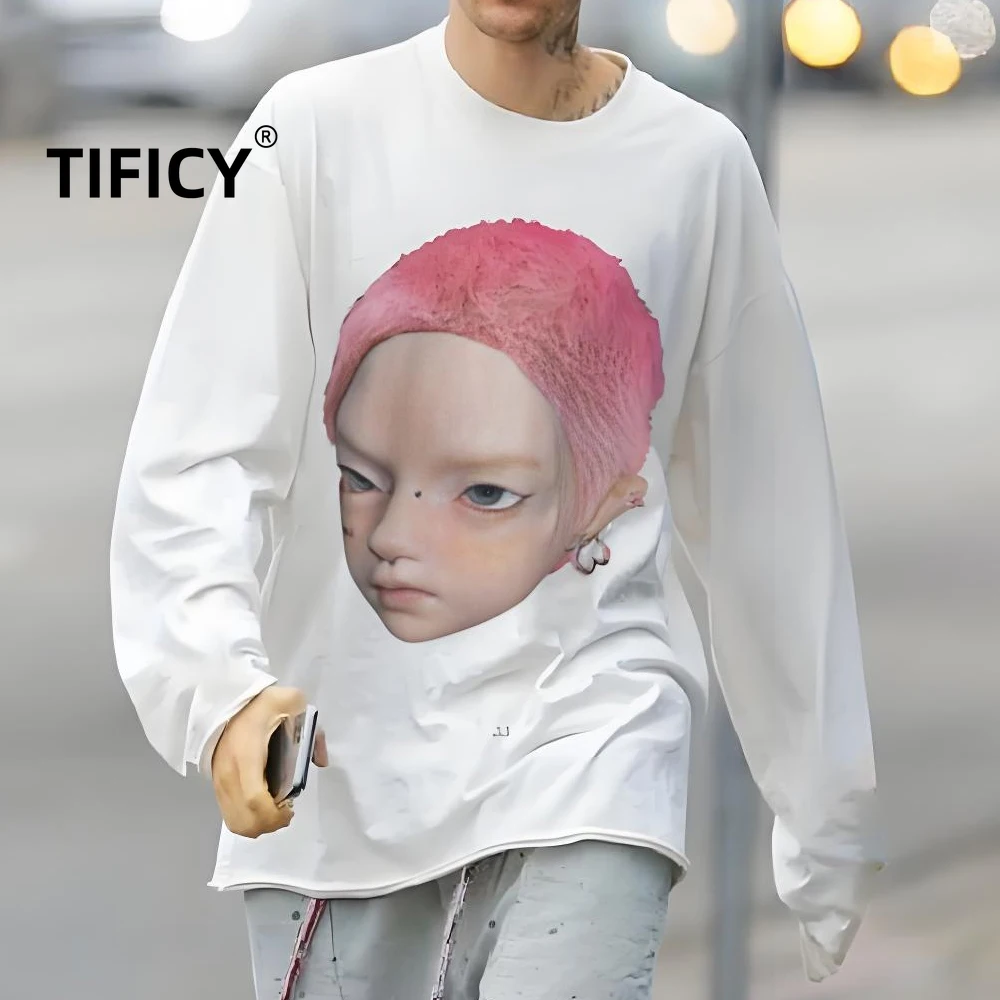 High Street Pink Hair Big Avatar Tees T-shirts TopMen's Autumn and Winter Pure Cotton Top Loose Round Neck Long Sleeved T-shirt