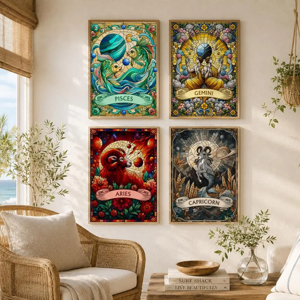 Zodiac Stained Glass Painting Calligraphy High-Quality Canvas Wall Mural Crease-Free For Living Room Bedroom Interiors