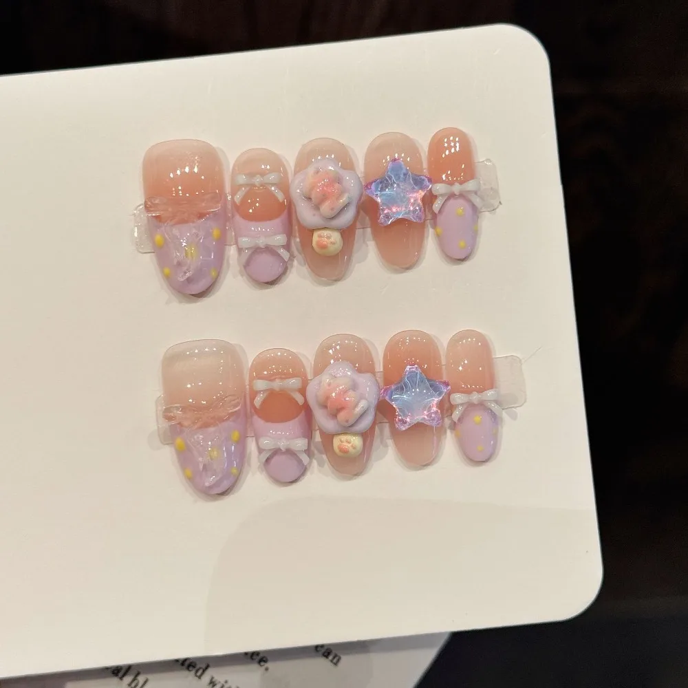 

10 Pieces Sweet Dreamy Pink Purple Gradient Handmade Press On Nails Blush French Star Butterfly Fake Nails Removable Reusable