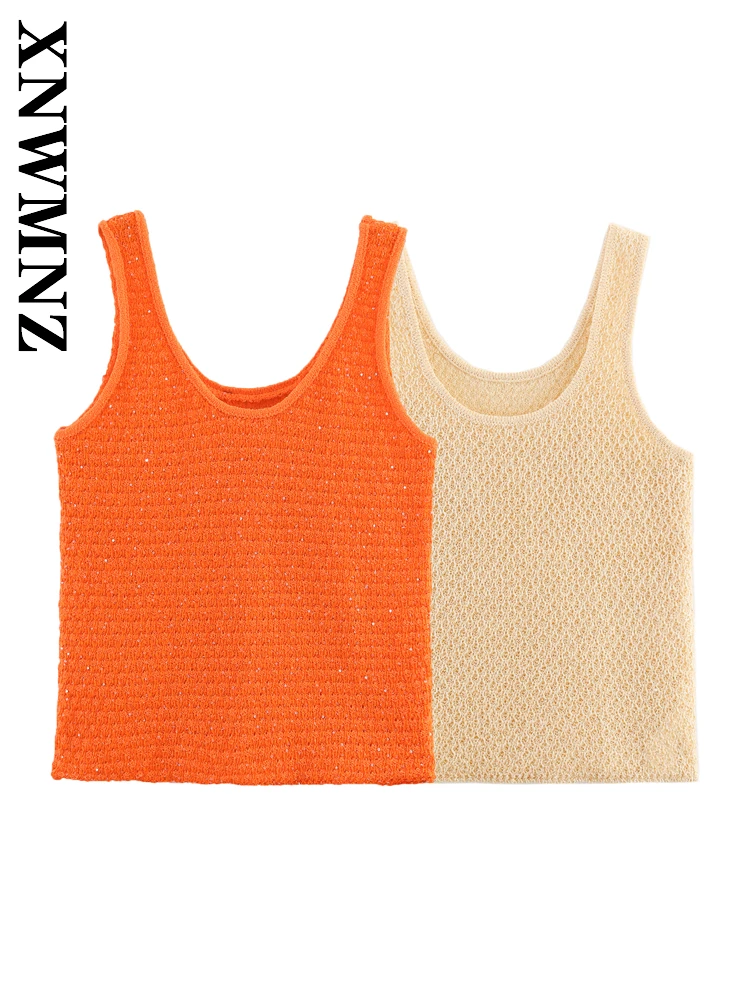 

XNWMNZ 2025 Summer New Lady Casual Chic Sleeveless Shoulder Knit Vest Fashion Simple Woman wide shoulder strap Top Sequins