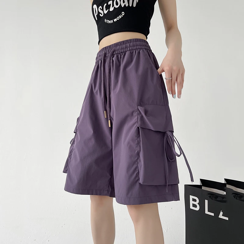 

Harajuku Purple Cargo Shorts Women 2026 Summer Elastic Waist Drawstring Sports Shorts Women Big Pockets Short Sweatpants Female