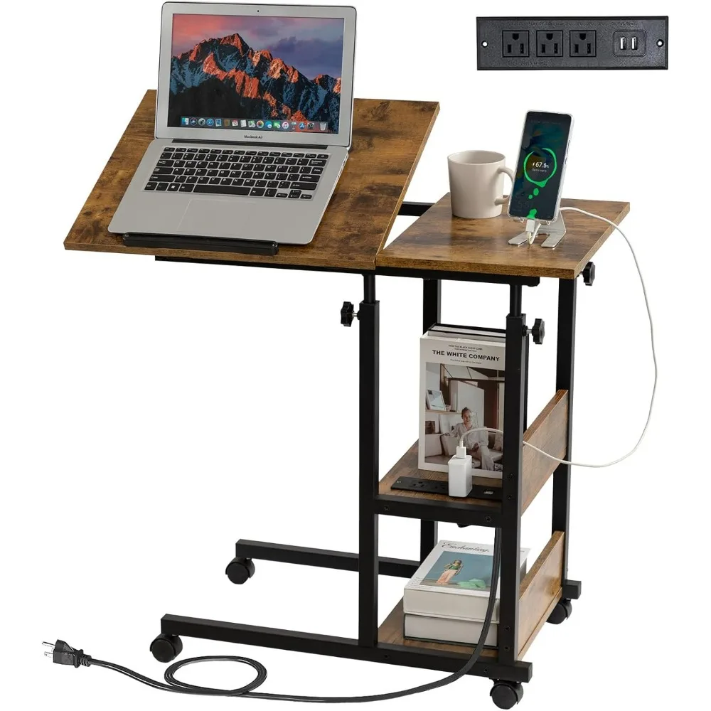 

Adjustable C Table with Charging Station Tiltable Desk C Shaped End Table for Couch Over Bed Table with Wheels Adjustable Height