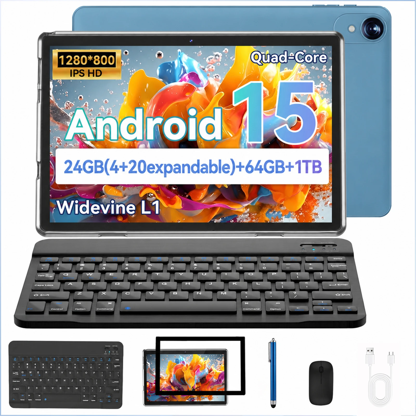 COLORROOM K12 Android 15 Tablet 10.1 Inch 2 in 1Tablet With Keyboard Mouse,24GB RAM 64GB ROM, IPS GMS 1TB Storage For Study Work