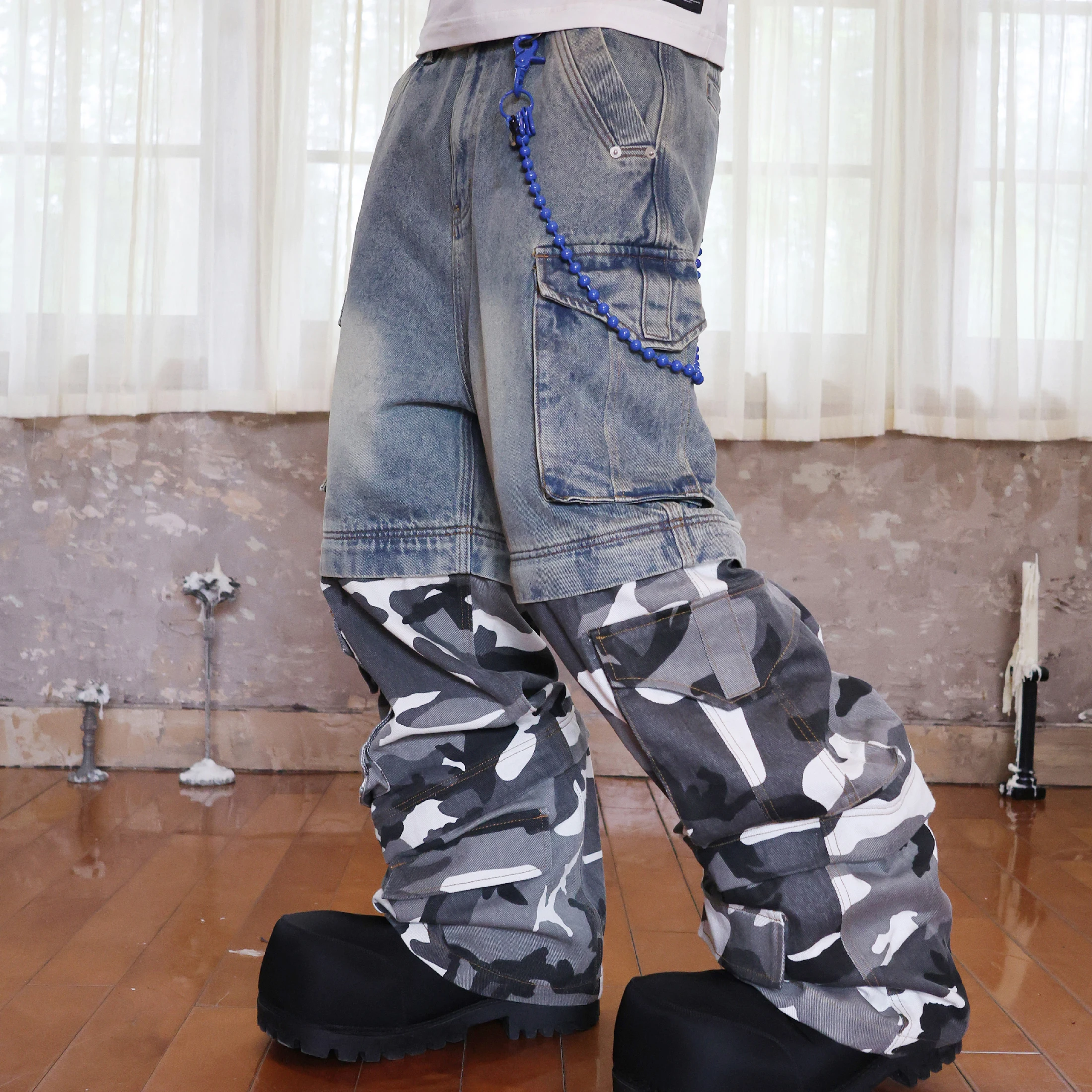 

NIGO Men's Summer Blue Multi Pocket Water Washed Combination Camo Detachable Casual Denim Pants Ngvp #nigo8395