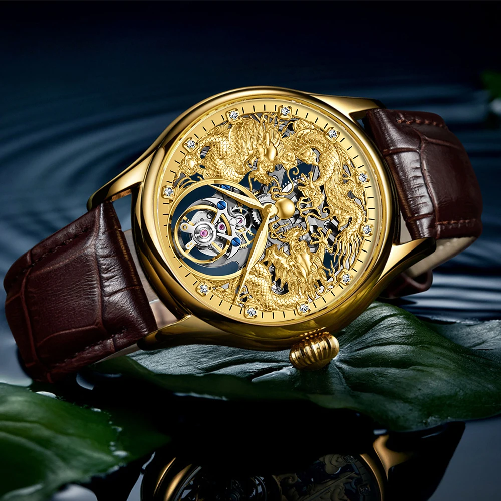 Aesop Dragon Gold Mens Tourbillon Mechanical Watches Top Brand Skeleton Hollow Luminous Hands Montre Homme Tourbillon Wristwatch