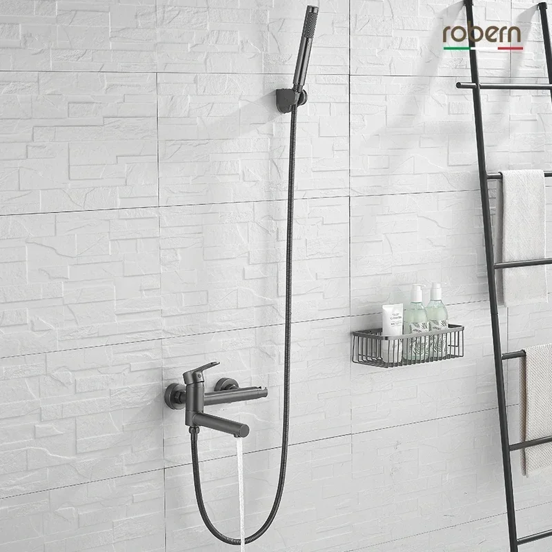Bagnolux Brass Black Wall-Mounted Bathtub Faucet - Hot/Cold Mixed Spout with Hand Spray & Shower Seat view 3