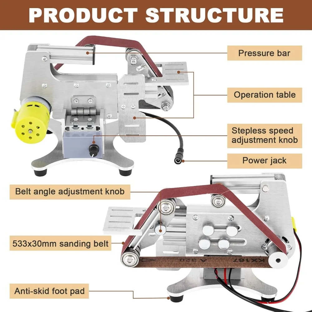 Electric Belt Sander Knife Sharpener 1.2 x 21-Inch with Variable Speed Control, Benchtop Sanding Belt Machine Diy Grinding Polis