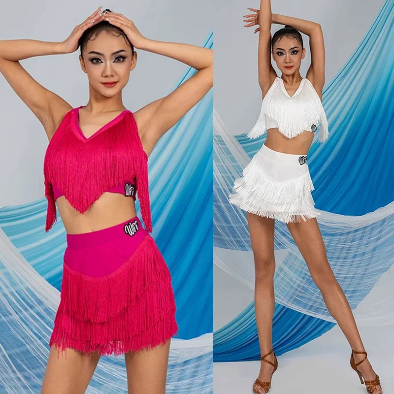 

Women Girls Hanging Neck Tassel Tops Skirt Cha Cha Rumba Samba Dance Performance Practice Clothes Latin Dance Costume